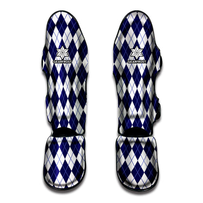 Navy Blue And White Argyle Pattern Print Muay Thai Shin Guard
