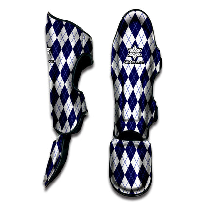 Navy Blue And White Argyle Pattern Print Muay Thai Shin Guard