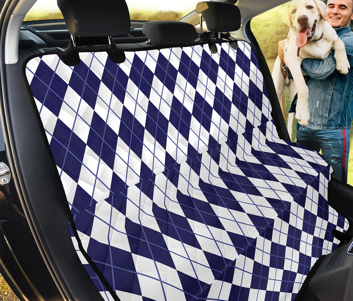Navy Blue And White Argyle Pattern Print Pet Car Back Seat Cover