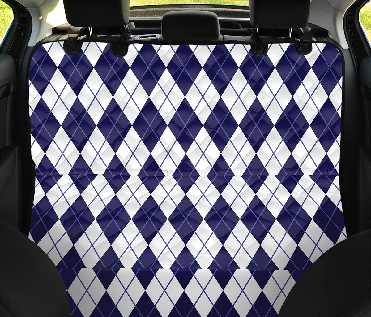 Navy Blue And White Argyle Pattern Print Pet Car Back Seat Cover