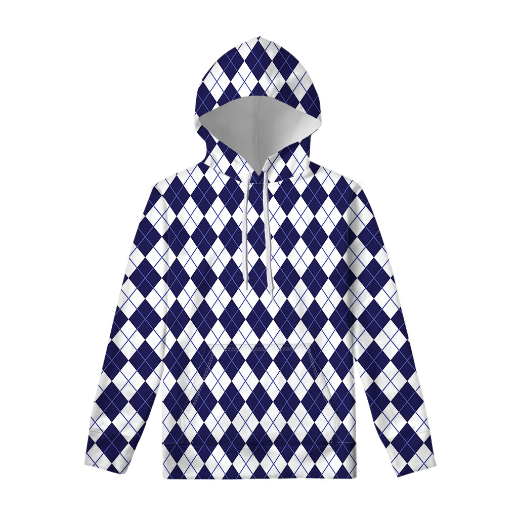 Navy Blue And White Argyle Pattern Print Pullover Hoodie