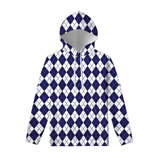 Navy Blue And White Argyle Pattern Print Pullover Hoodie