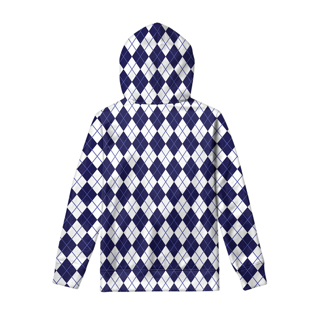 Navy Blue And White Argyle Pattern Print Pullover Hoodie