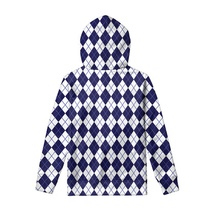 Navy Blue And White Argyle Pattern Print Pullover Hoodie