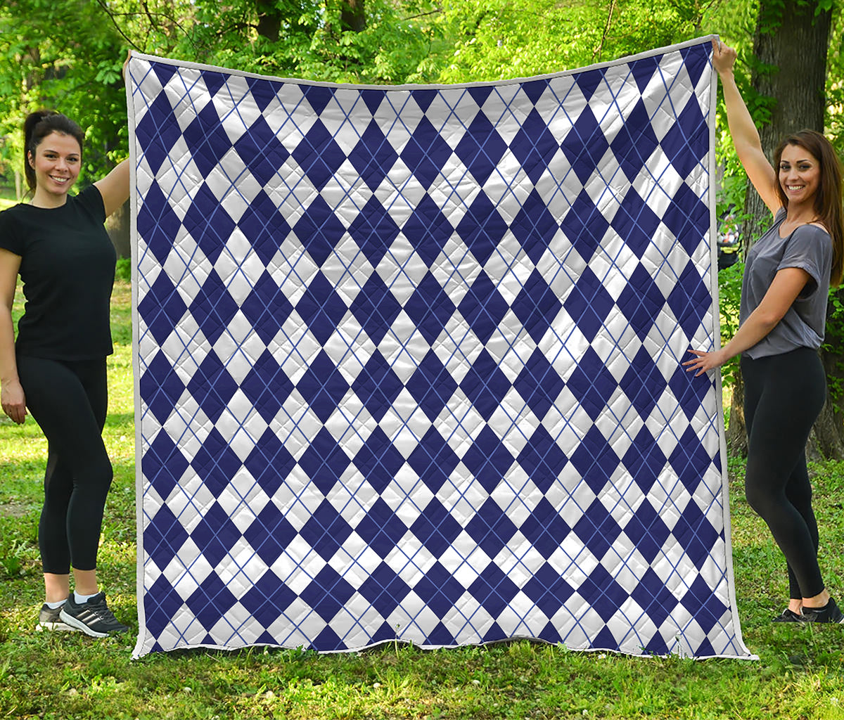 Navy Blue And White Argyle Pattern Print Quilt