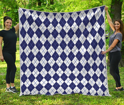 Navy Blue And White Argyle Pattern Print Quilt