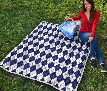 Navy Blue And White Argyle Pattern Print Quilt