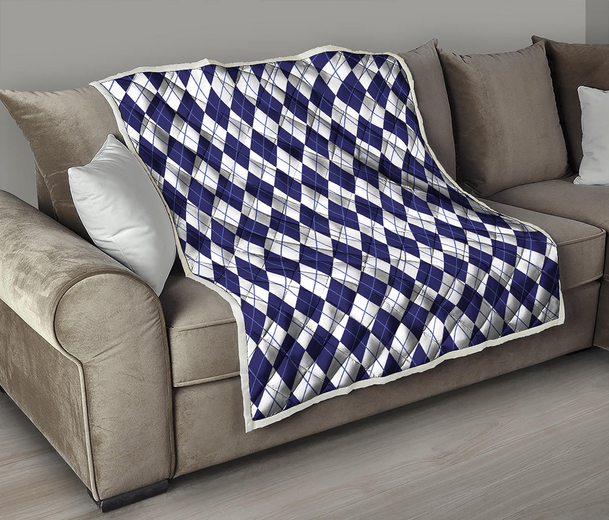 Navy Blue And White Argyle Pattern Print Quilt