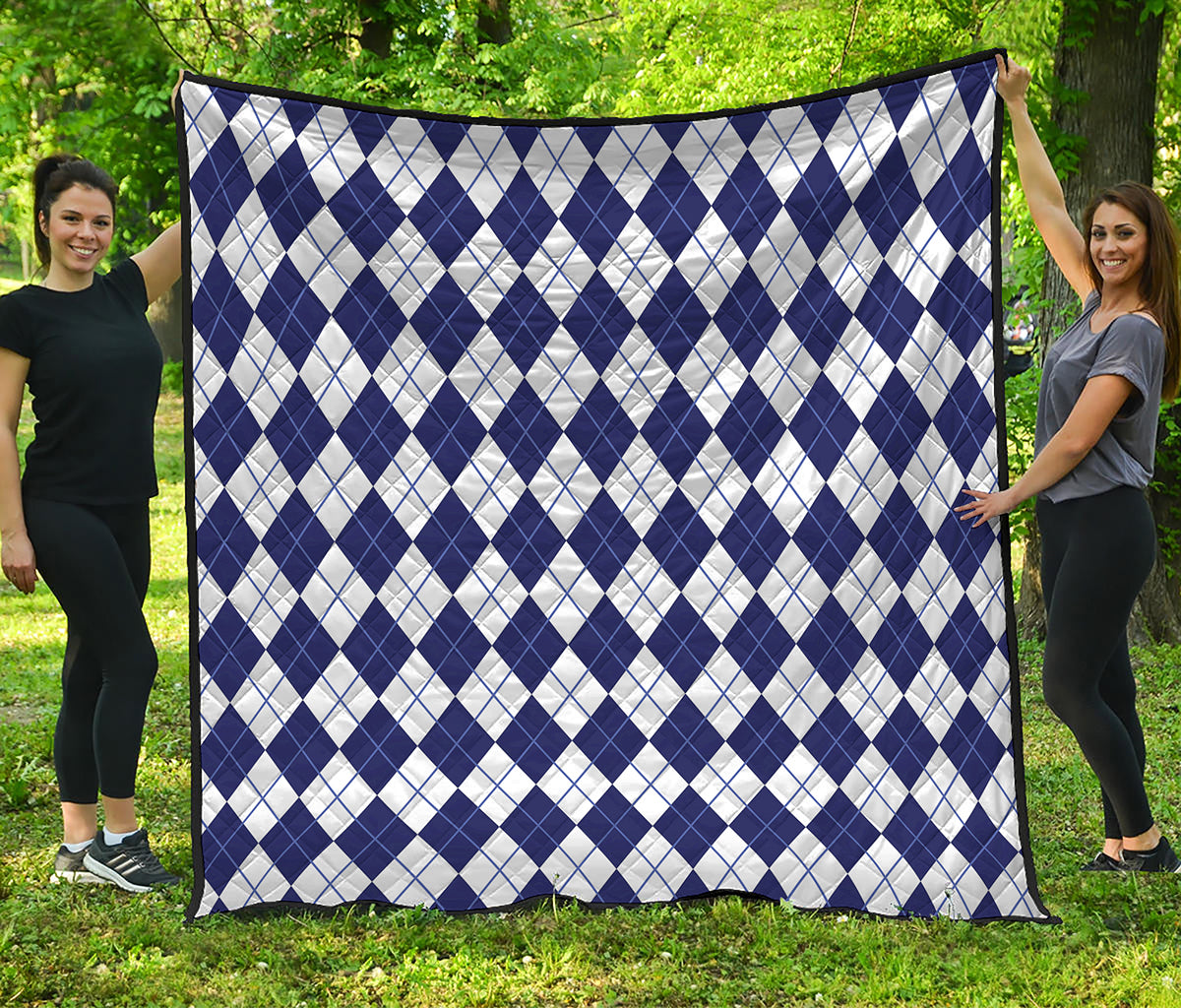 Navy Blue And White Argyle Pattern Print Quilt