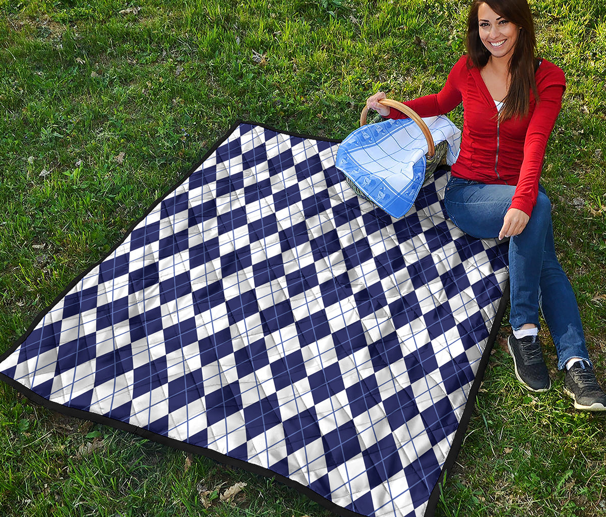 Navy Blue And White Argyle Pattern Print Quilt