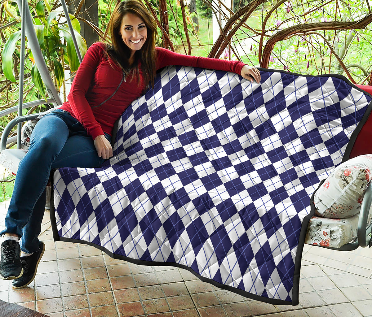 Navy Blue And White Argyle Pattern Print Quilt