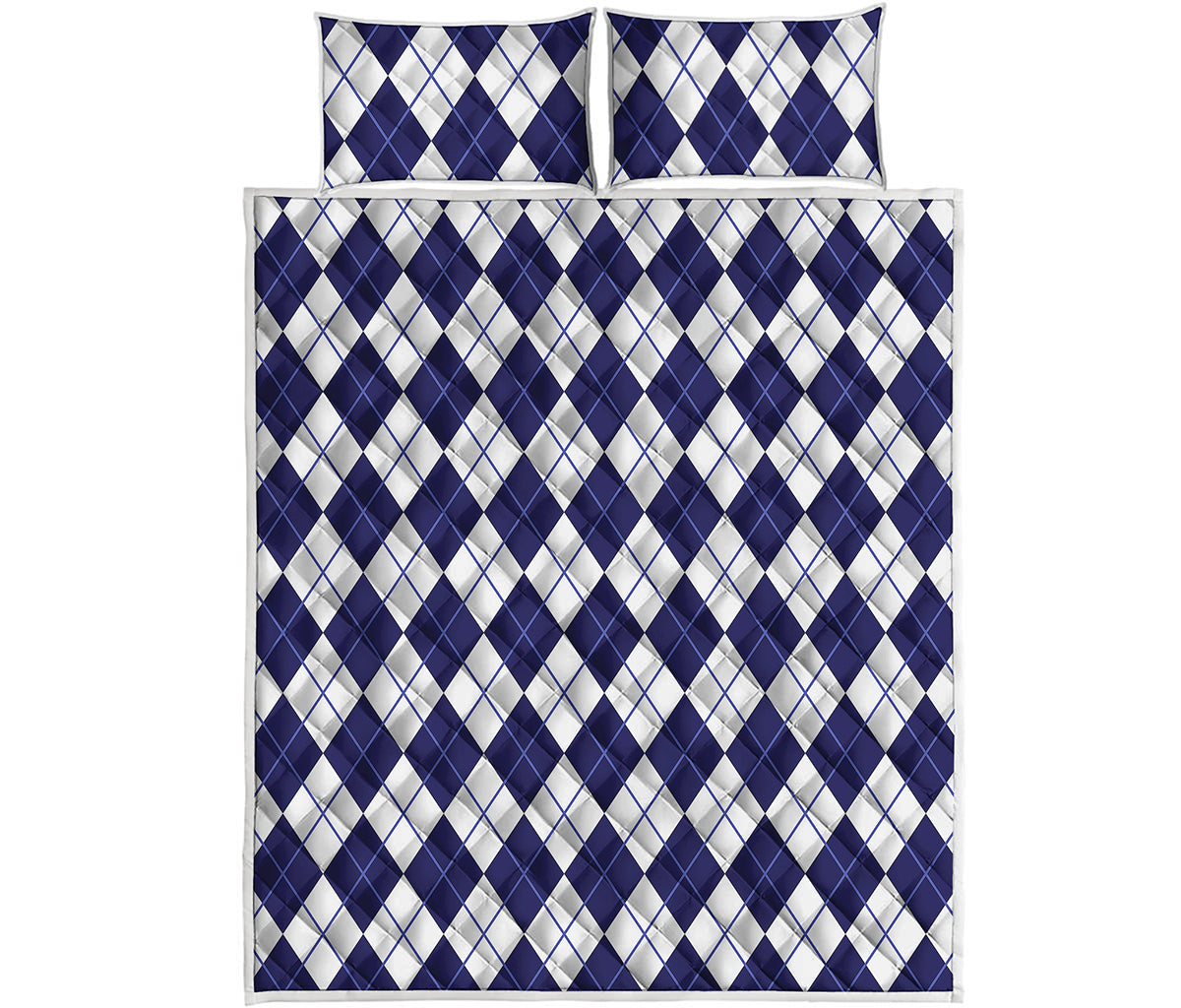 Navy Blue And White Argyle Pattern Print Quilt Bed Set