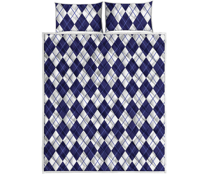 Navy Blue And White Argyle Pattern Print Quilt Bed Set