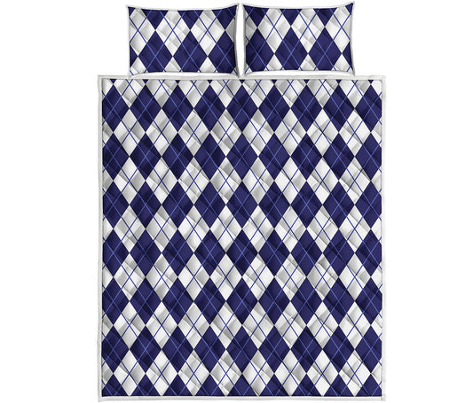 Navy Blue And White Argyle Pattern Print Quilt Bed Set