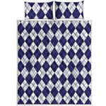 Navy Blue And White Argyle Pattern Print Quilt Bed Set