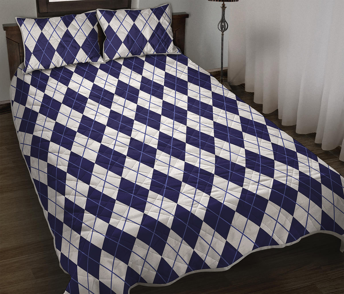 Navy Blue And White Argyle Pattern Print Quilt Bed Set
