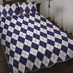 Navy Blue And White Argyle Pattern Print Quilt Bed Set