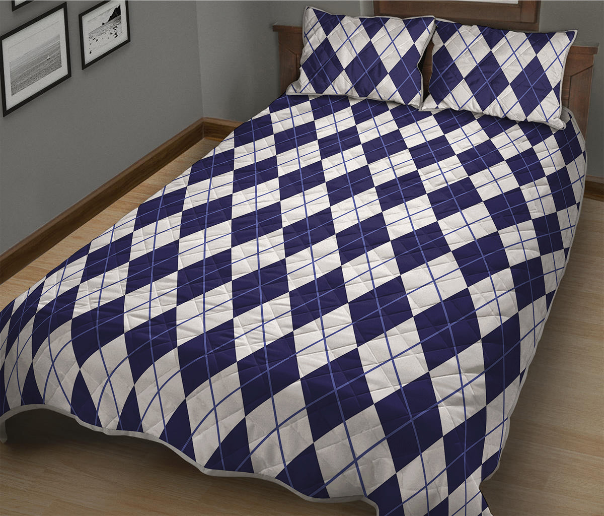 Navy Blue And White Argyle Pattern Print Quilt Bed Set