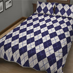 Navy Blue And White Argyle Pattern Print Quilt Bed Set