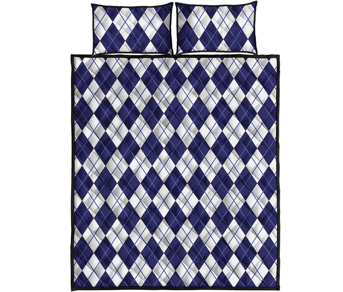 Navy Blue And White Argyle Pattern Print Quilt Bed Set