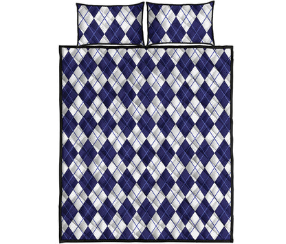Navy Blue And White Argyle Pattern Print Quilt Bed Set