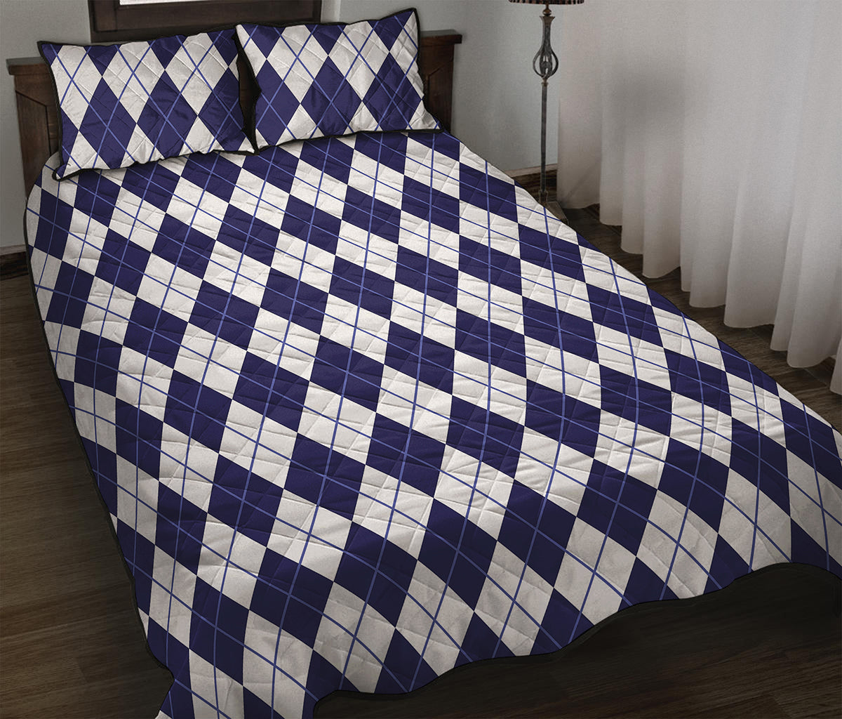 Navy Blue And White Argyle Pattern Print Quilt Bed Set