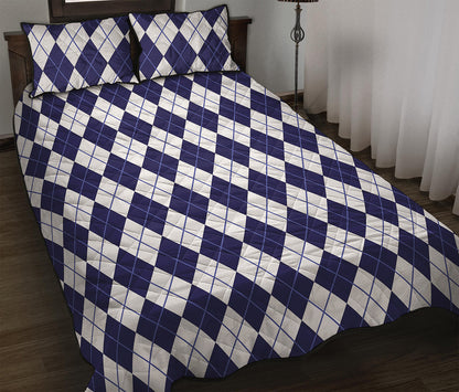 Navy Blue And White Argyle Pattern Print Quilt Bed Set