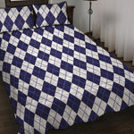 Navy Blue And White Argyle Pattern Print Quilt Bed Set