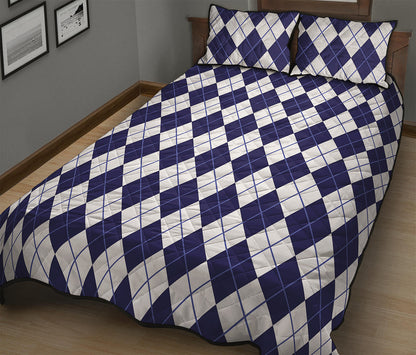 Navy Blue And White Argyle Pattern Print Quilt Bed Set