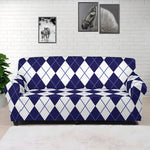 Navy Blue And White Argyle Pattern Print Sofa Cover