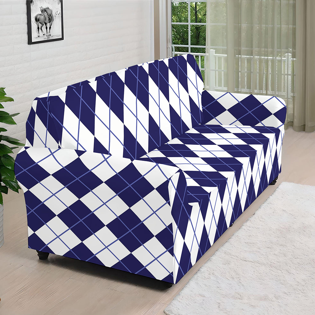 Navy Blue And White Argyle Pattern Print Sofa Cover