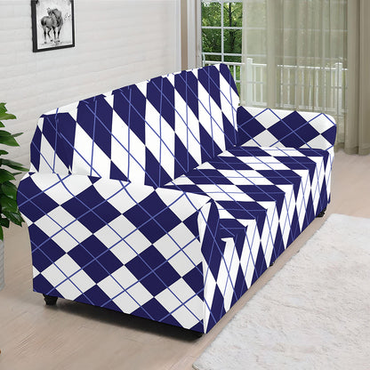 Navy Blue And White Argyle Pattern Print Sofa Cover