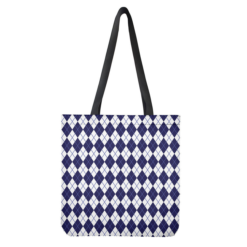 Navy Blue And White Argyle Pattern Print Tote Bag