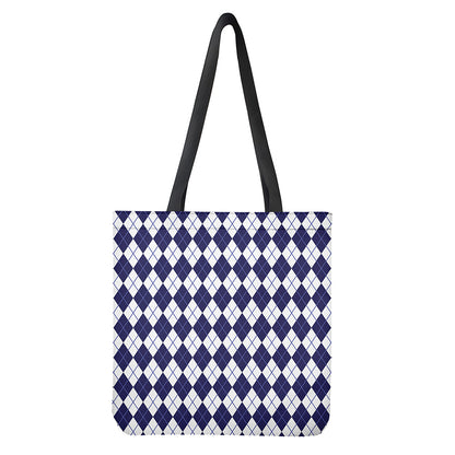 Navy Blue And White Argyle Pattern Print Tote Bag