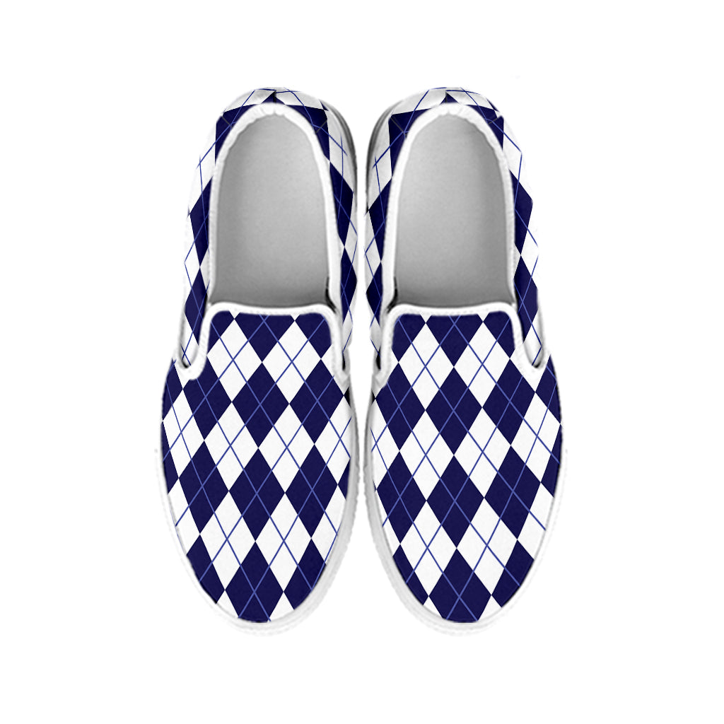 Navy Blue And White Argyle Pattern Print White Slip On Shoes