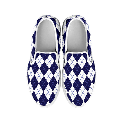 Navy Blue And White Argyle Pattern Print White Slip On Shoes