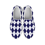 Navy Blue And White Argyle Pattern Print White Slip On Shoes