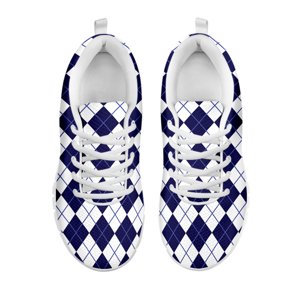 Navy Blue And White Argyle Pattern Print White Sneakers