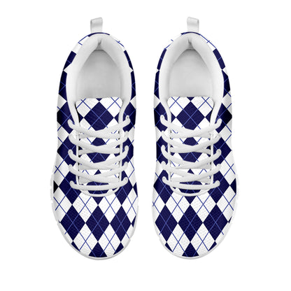 Navy Blue And White Argyle Pattern Print White Sneakers