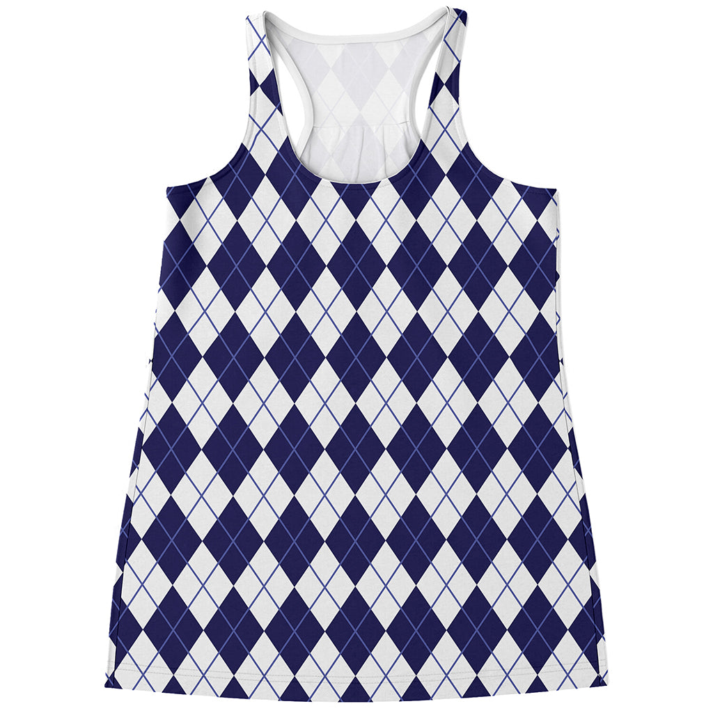 Navy Blue And White Argyle Pattern Print Women's Racerback Tank Top