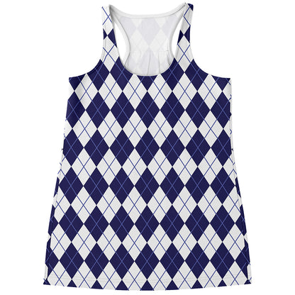 Navy Blue And White Argyle Pattern Print Women's Racerback Tank Top