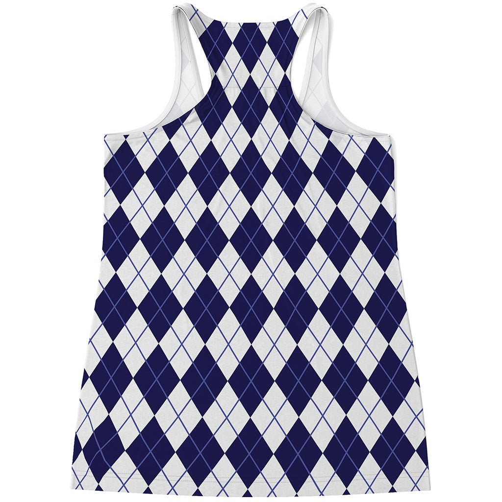Navy Blue And White Argyle Pattern Print Women's Racerback Tank Top