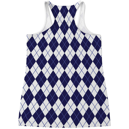 Navy Blue And White Argyle Pattern Print Women's Racerback Tank Top