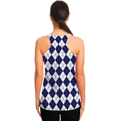 Navy Blue And White Argyle Pattern Print Women's Racerback Tank Top