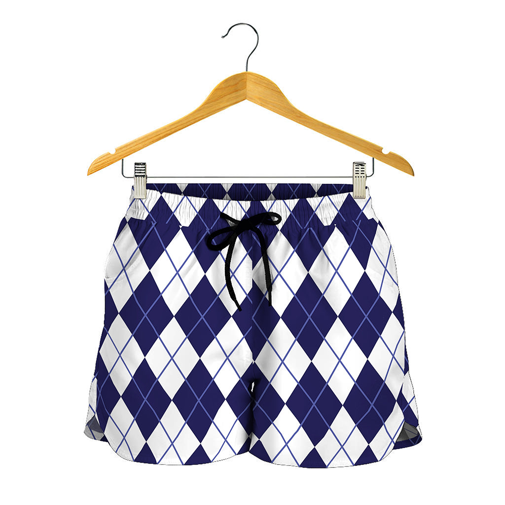 Navy Blue And White Argyle Pattern Print Women's Shorts
