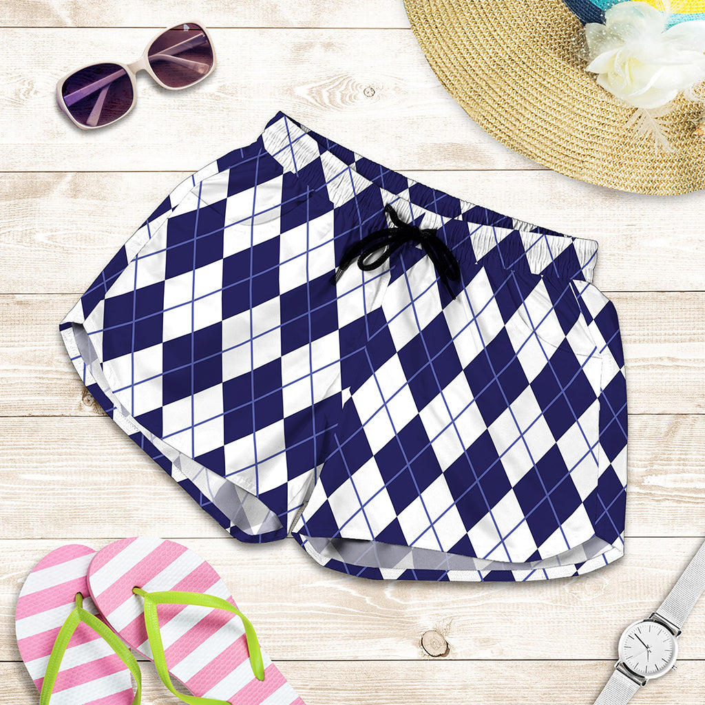 Navy Blue And White Argyle Pattern Print Women's Shorts