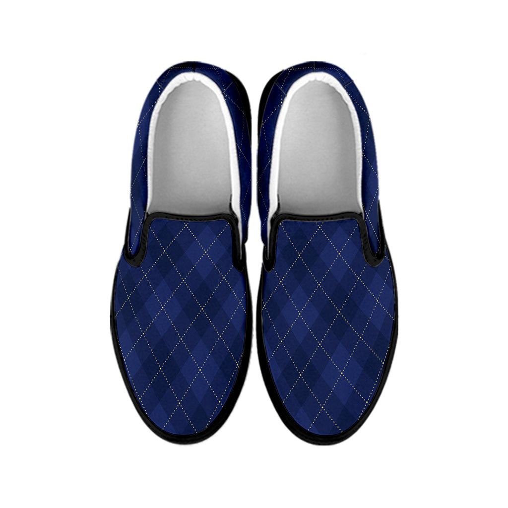 Navy Blue Argyle Pattern Print Black Slip On Shoes