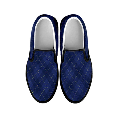 Navy Blue Argyle Pattern Print Black Slip On Shoes