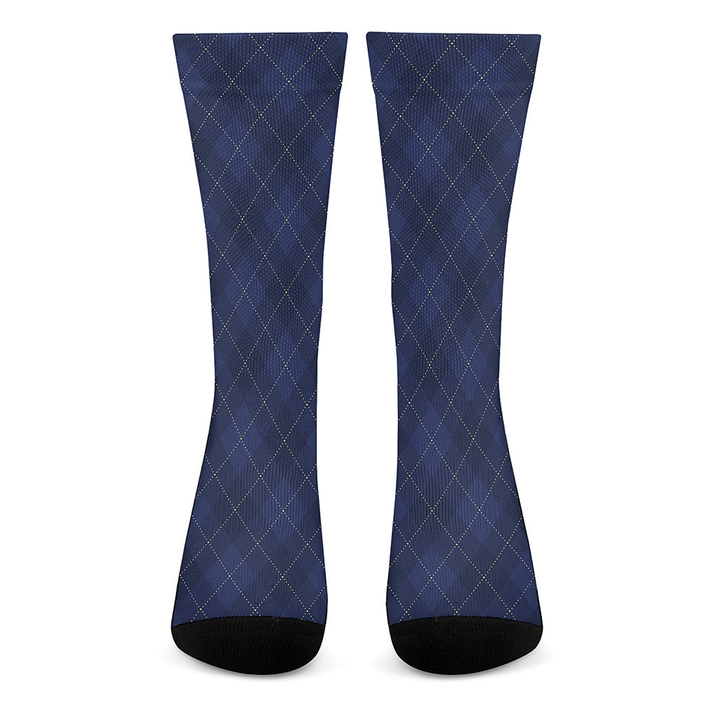 Navy Blue Argyle Pattern Print Crew Socks