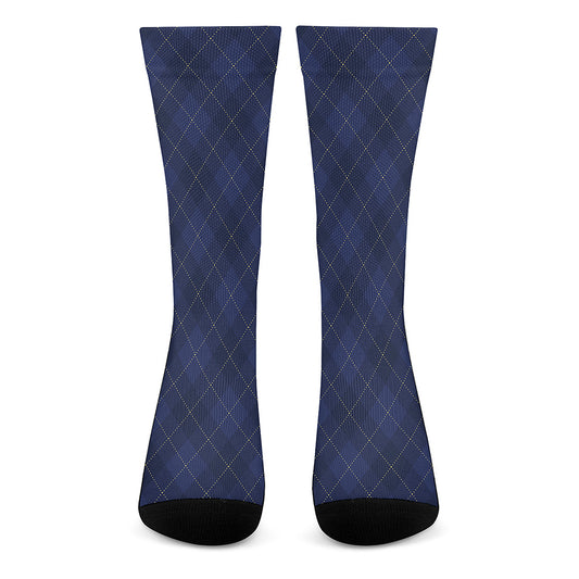 Navy Blue Argyle Pattern Print Crew Socks